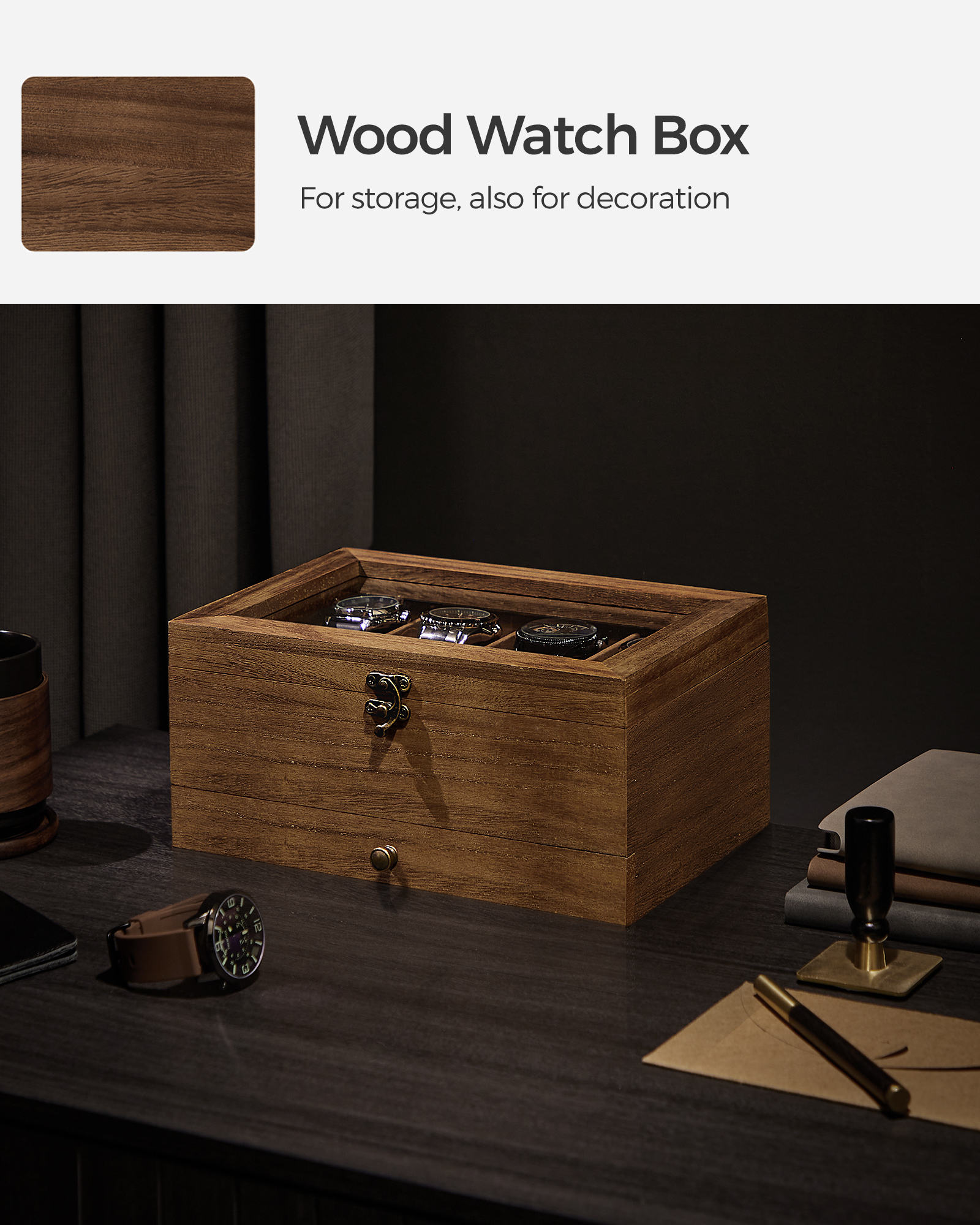 SONGMICS 2-Tier Rustic Walnut Watch Display Box photo 5