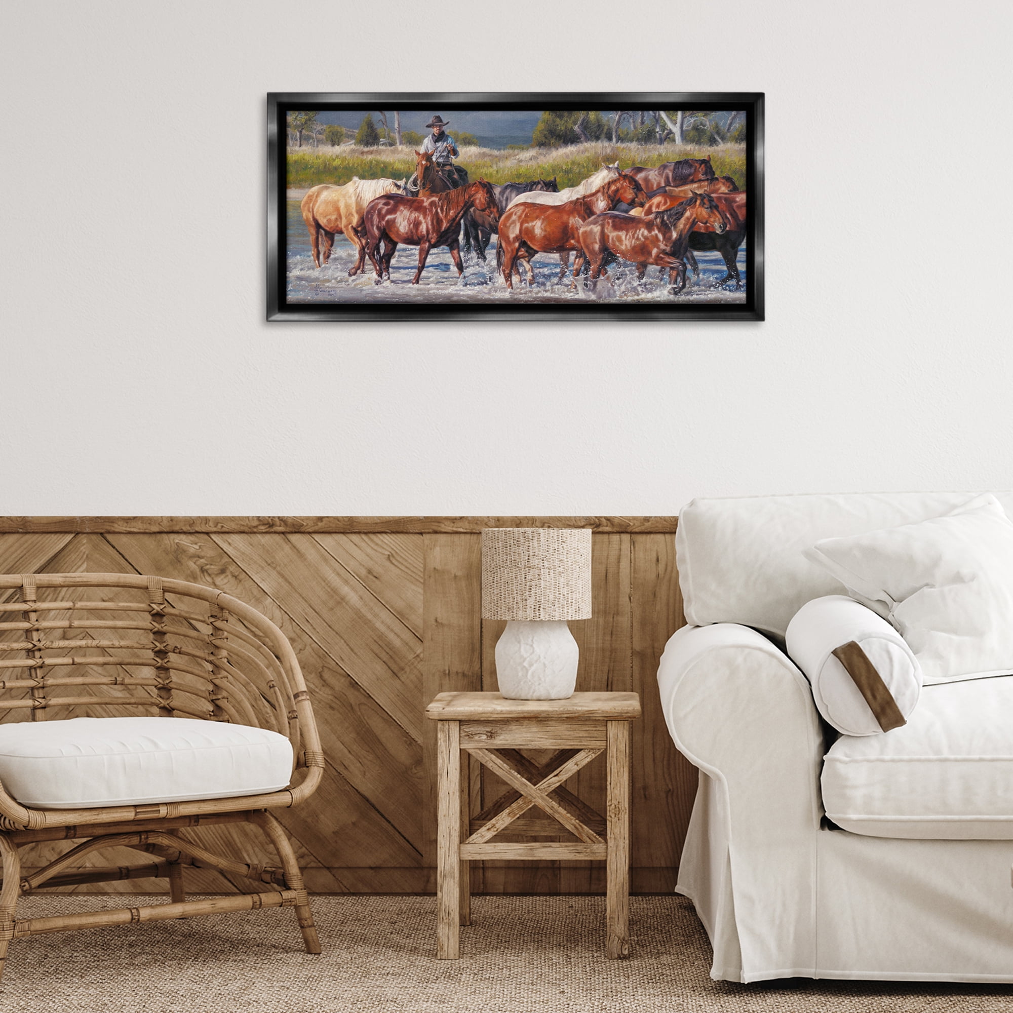 Stupell Industries Crossing The Remuda Animals & Insects Painting Black Floater Framed Canvas Art Print Wall Art, 31 x 14