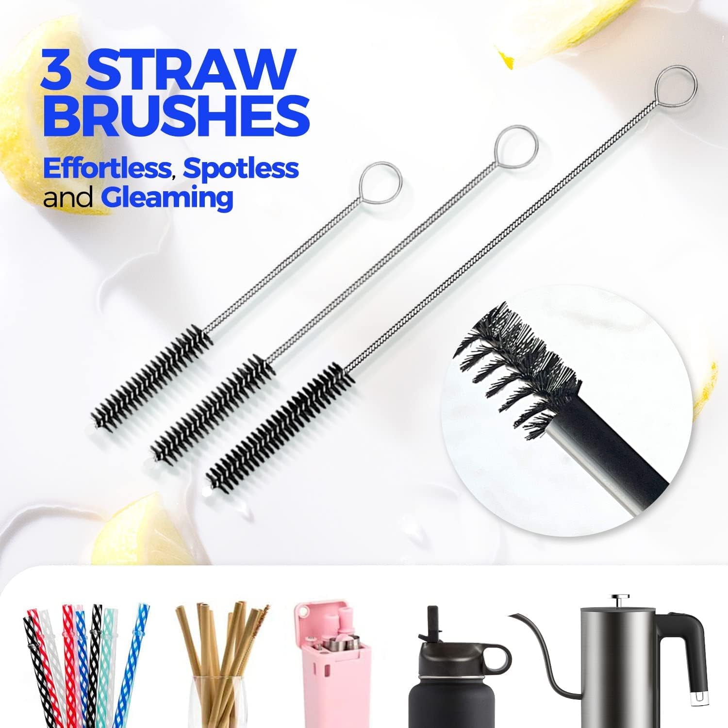6 Pack Bottle Brush Set, 14" Long Handle Stainless Steel Bottle Cleaner Brush, 3 Straw Brushes, 3-in-1 Bottle Cleaning Brush for Water Bottle, Antistatic Lab Brushes, Straws Black