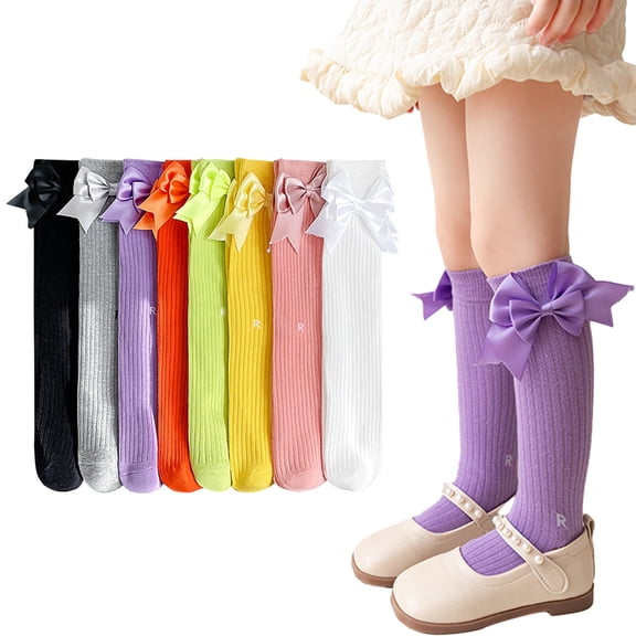 Kids Baby Girls Knee High Socks 3 Pairs 3-12Y Toddler Girls Dress Socks Cotton Fashionable High Socks Long Socks with Bow for Kids Girls