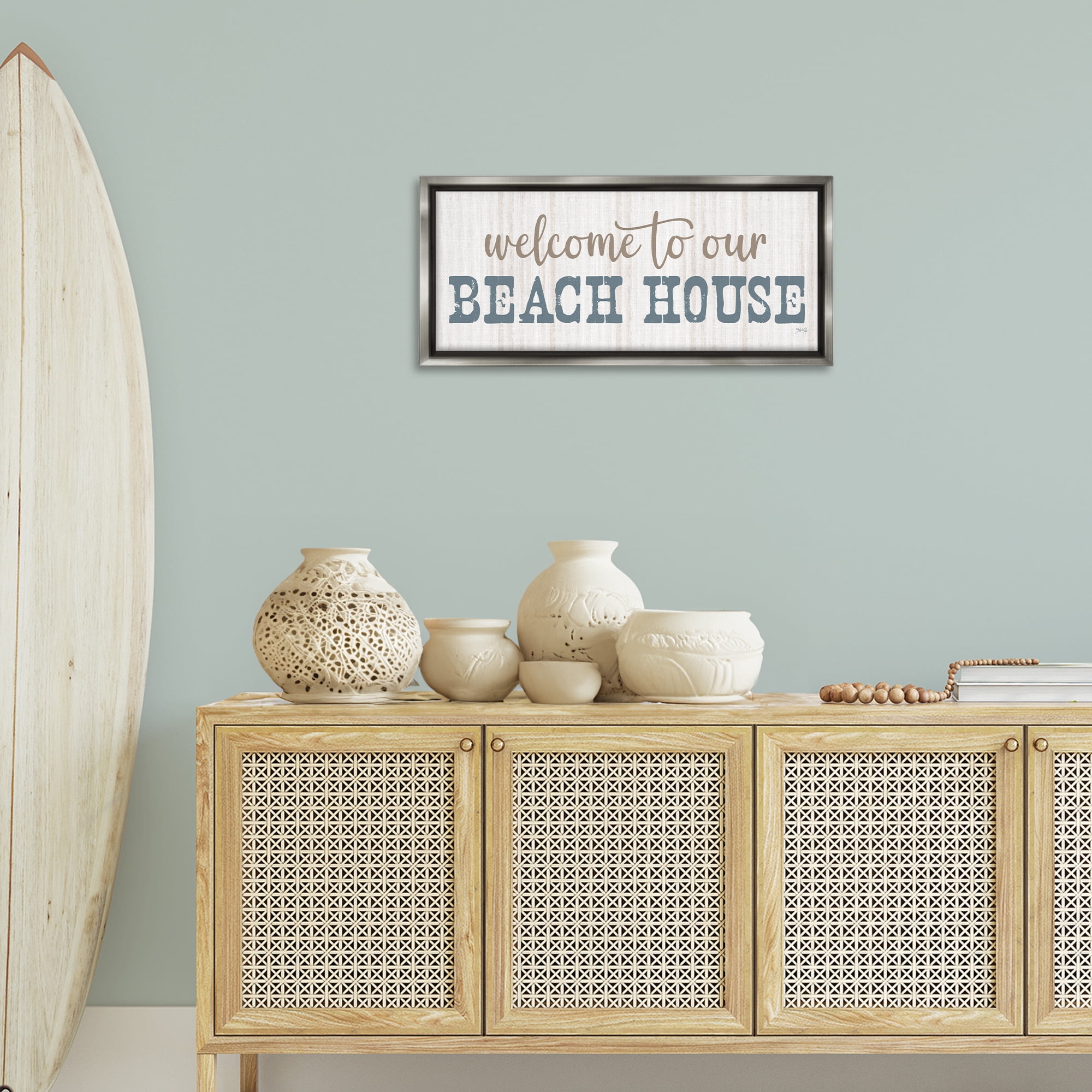 Stupell Industries Welcome Beach House Typography Painting Gray Floater Framed Canvas Art Print Wall Art, 31 x 14