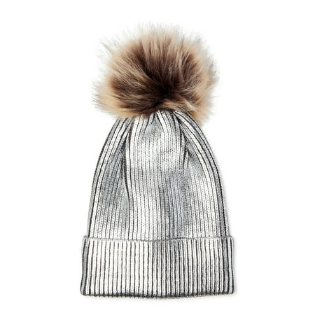Scoop Women's Metallic Beanie Hat with Faux Fur Pom