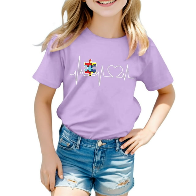 T-shirts pour Filles, Été, Décontracté, Imprimé Graphique, Col Rond, Manches Courtes, Coupe Ample, Confort, Blouses pour Enfants, Tops 7-8 T