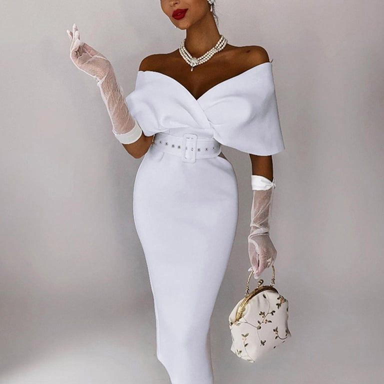 Aayomet Plus Size Dress for Women Women Elegant Dress Solid Color Dress Off  Shoulder Dresses Party Club Evening V Neck,White M - Walmart.com