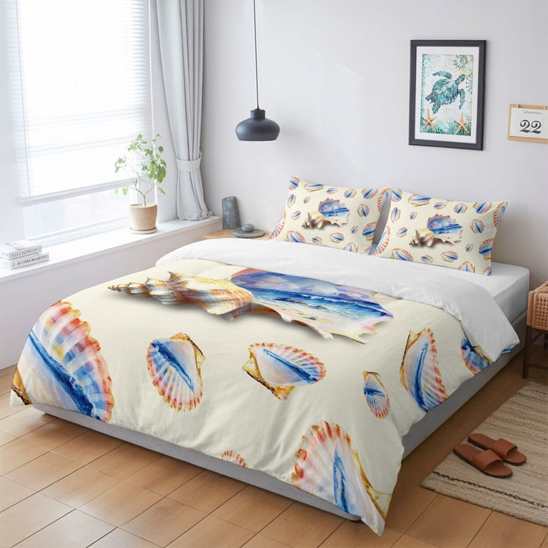 Ocean Shell King Duvet Cover Set, Summer Seaside Beach Wave Conch Beige ...