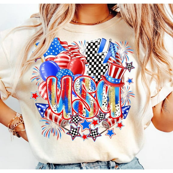 USA T-Shirt, 4th of July, Patriotic Stars and Stripes, Fireworks, Checkered Flag, Independence Day