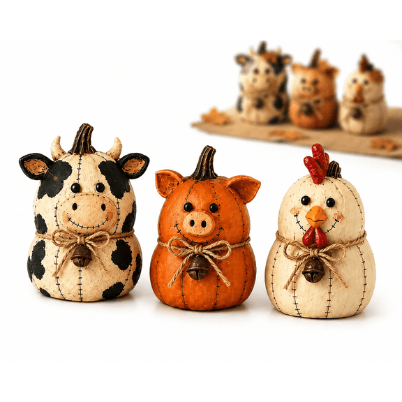 Rustic Farm Pumpkin Friends Decor Set, Hand-Painted Fall Ornaments for Mantel, Shelf, Tabletop, Cozy Farmhouse Accent for Thanksgiving & Autumn Display
