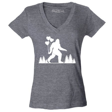 Shop4Ever Women s Big Foot with Heart Balloons Slim Fit V-Neck T-Shirt Small Heather Charcoal