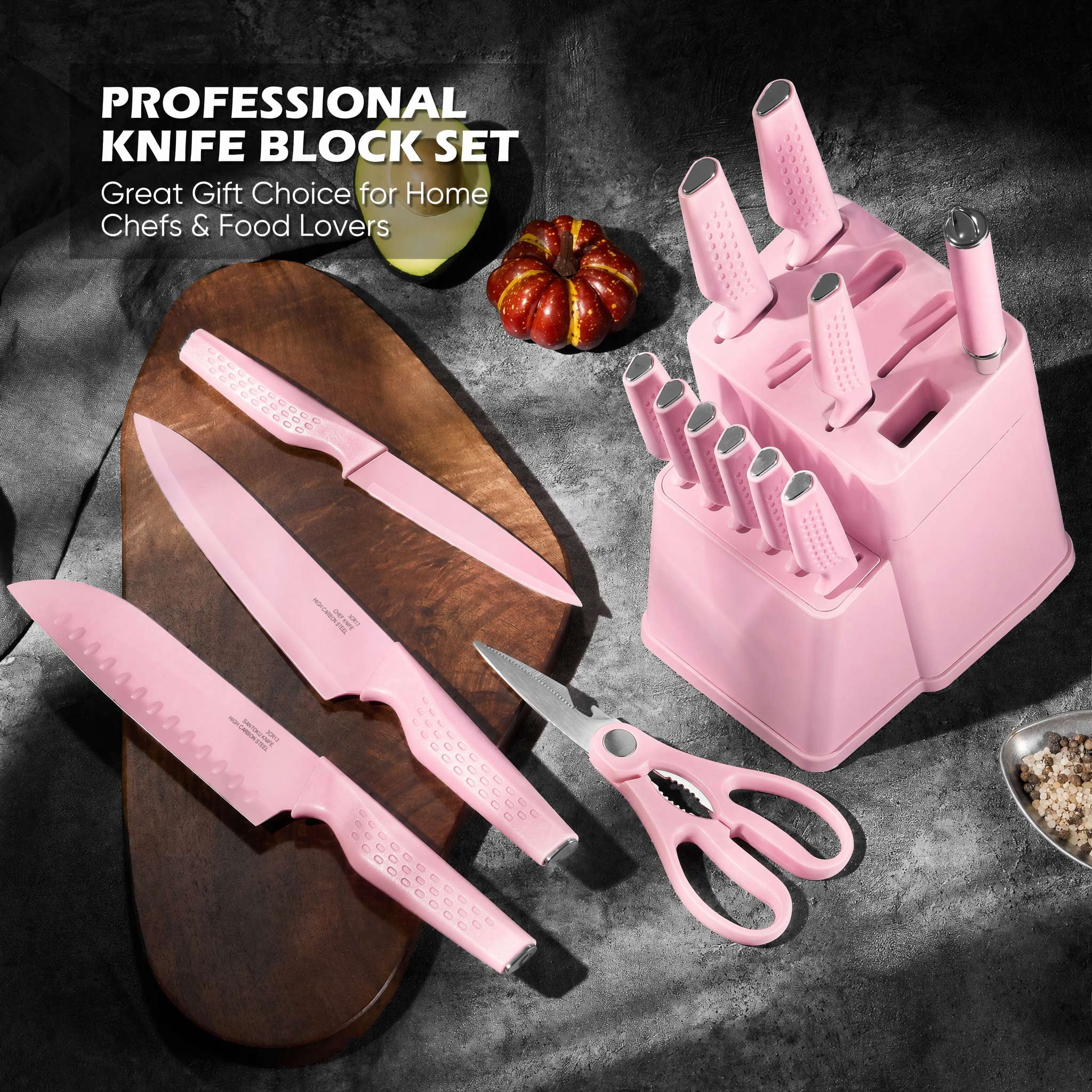 Vesteel Knife Block Set for Kitchen, 15-Piece High Carbon Stainless Steel Knives Set with Ergonomic Handle, Ultra-sharp & Rust Resistant, Pink