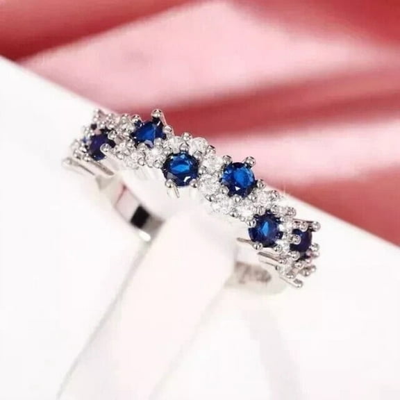 2Ct Lab Created Round Cut Blue Sapphire Women's Wedding Band Ring 14k White Gold Plated