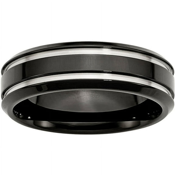 Stainless Steel Black IP-plated Grooved and Polished 7mm Band