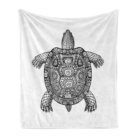 Turtle Soft Flannel Fleece Blanket, Tribal Patterns on Turtle Illustration Monochrome Animal Themed Tortoise Print, Cozy Plush for Indoor and Outdoor Use, 50" x 70", Black and White, by Ambesonne