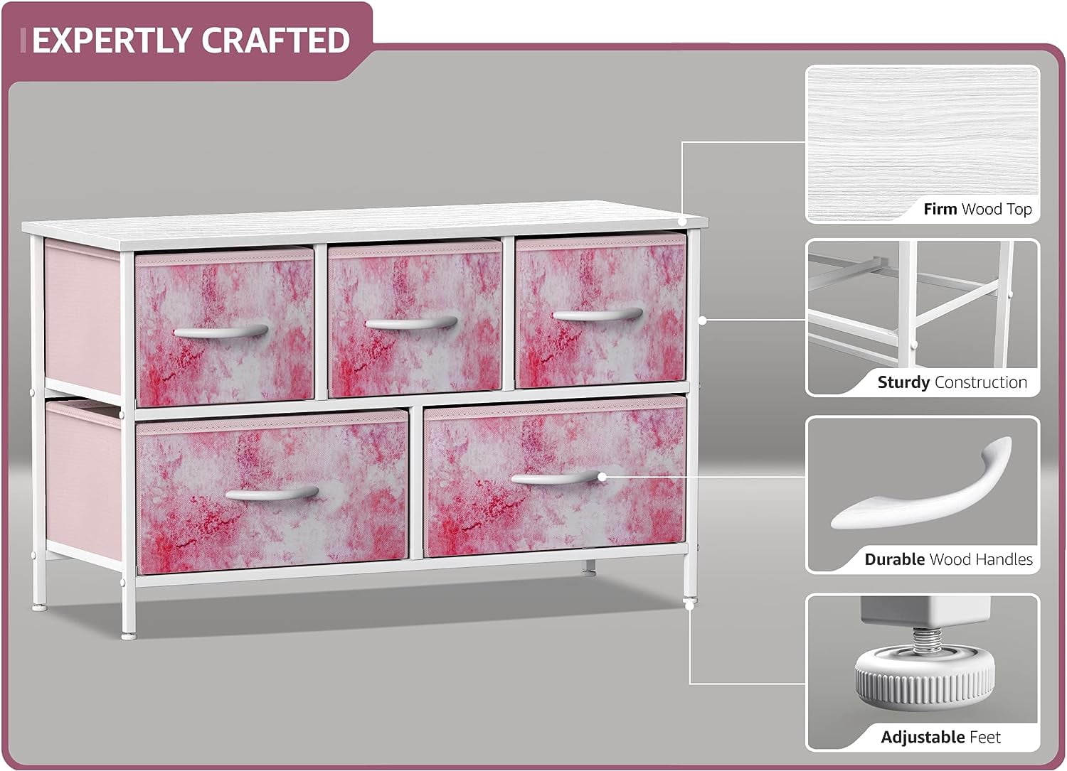 Sorbus 5-Drawer Dresser Storage Chest, Steel Frame, Wood Top, Fabric Bins, Tie-Dye Pink