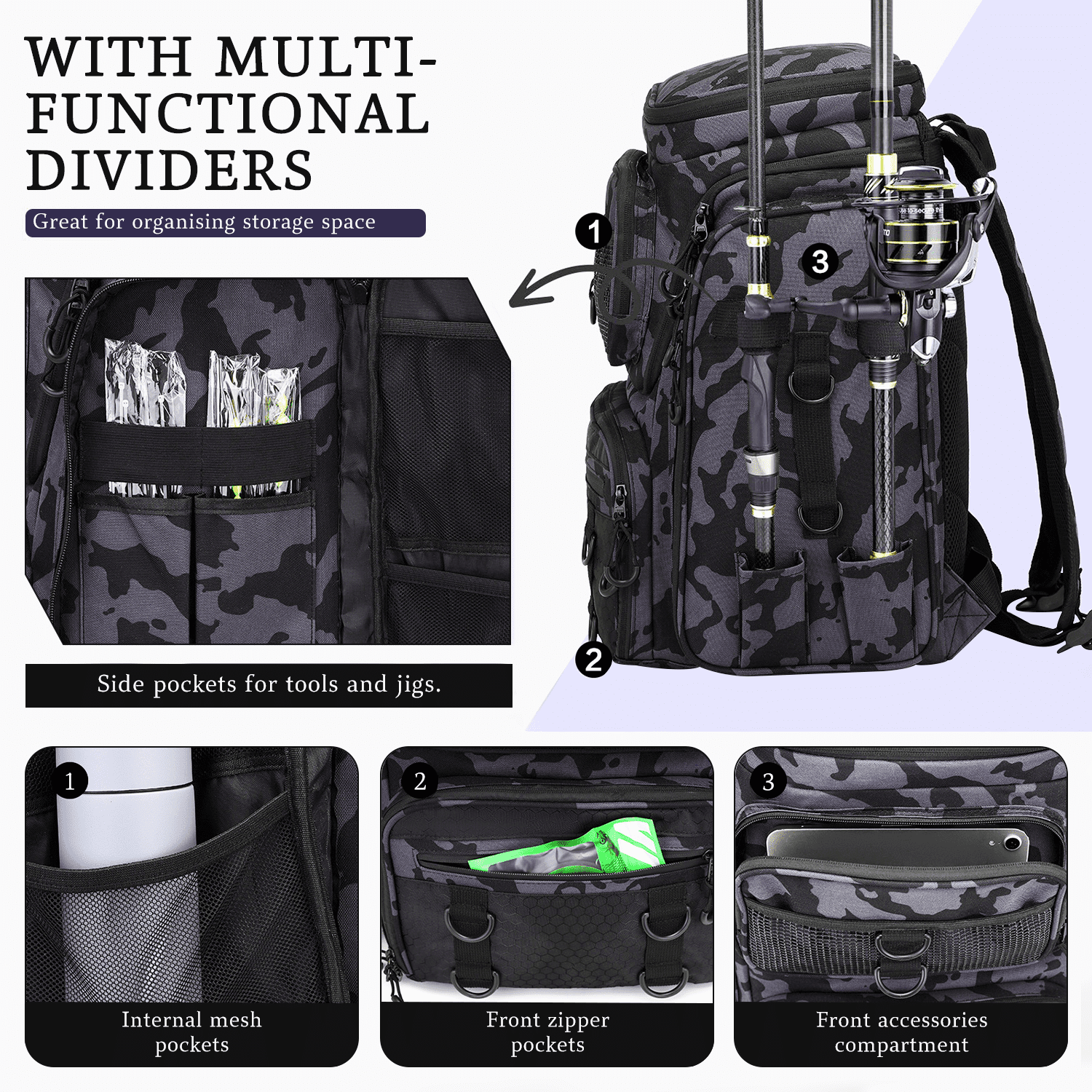 AGOPLEE Fishing Tackle Backpack, Tactical Fishing Sling Tackle Bag, Water Resistant Fishing Tackle Box Bag with Rod Holders