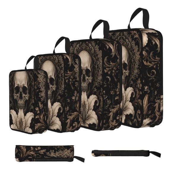 Symmetrical Gothic Skull Motif 4-Set Compression Packing Cubes, Expandable Travel Organizer Bags, Luggage Packing Organizers, S M L XL