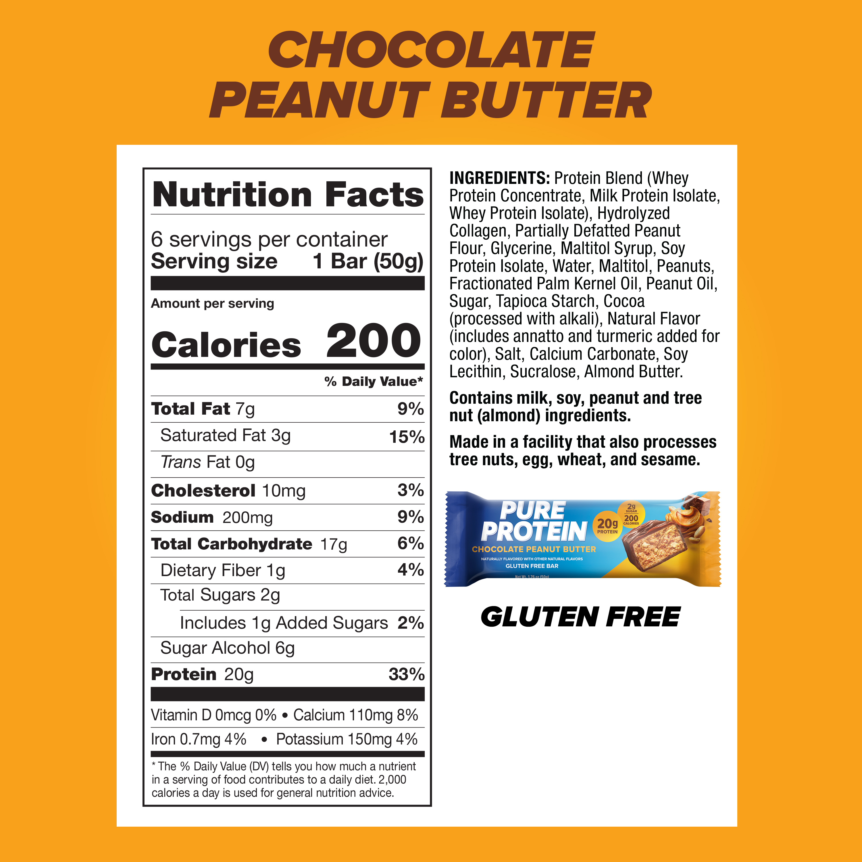Pure Protein Bars, Chocolate Peanut Butter, 20g Protein, Gluten Free, 1.76 oz, 6 Ct - image 2 of 6