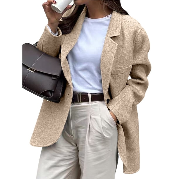 Blazer para Mujer, Informal, de Negocios, de Larga, con Solapa y Abertura Frontal, para Trabajo y con Bolsillos. Caqui L