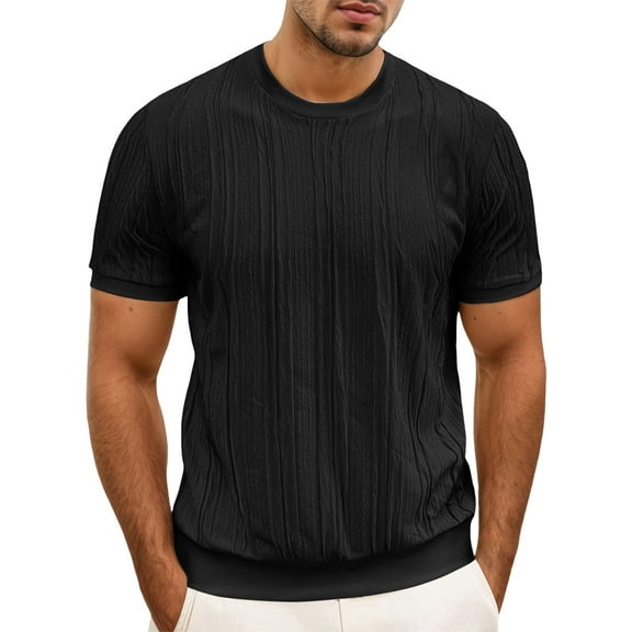 Dpytoraw Men's Short Sleeve T Shirt Jacquard Knit Shirt Solid Color Round Neck Ribbed Pullover Top Round Neck Short Sleeve T Shirt Men’s Slim Fit Cotton Crew Neck T-Shirts Black L