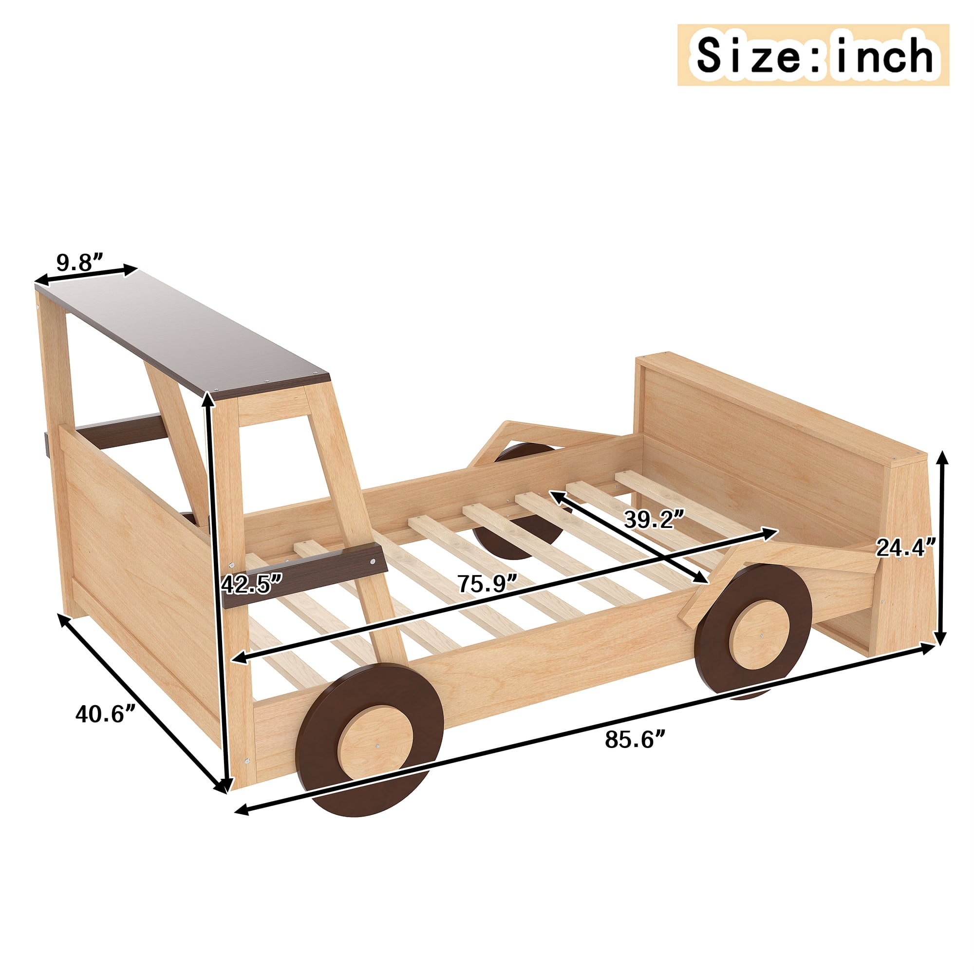 Harper & Bright Designs Twin Size Car Bed with Storage Shelves, Wood Platform Bed with Car-shape for Boys and Girls, Natural