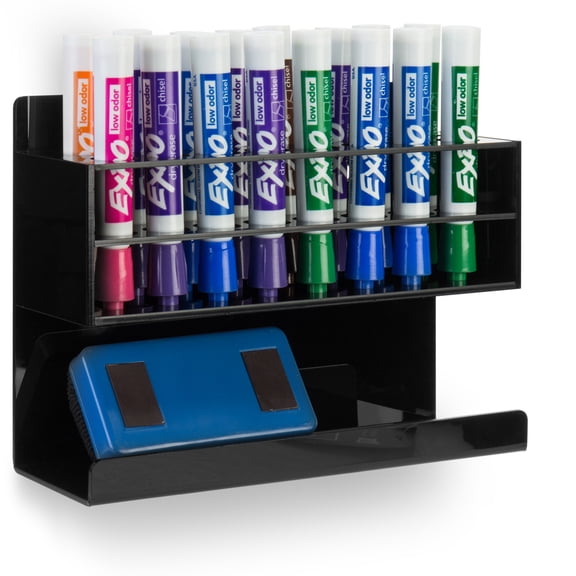 MyGift Wall Mounted Black 16 Marker Slot Whiteboard 2 Tiers Accessories Rack