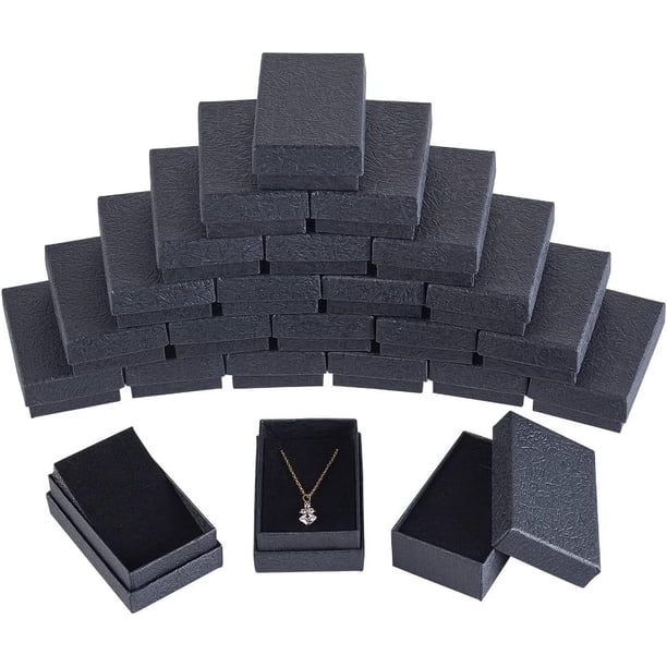24 cajas de joyería de cartón texturizado negro, 8,1 x 5 cm (3,2 x 2 pulgadas), caja de regalo de cartón con esponja negra en el interior.