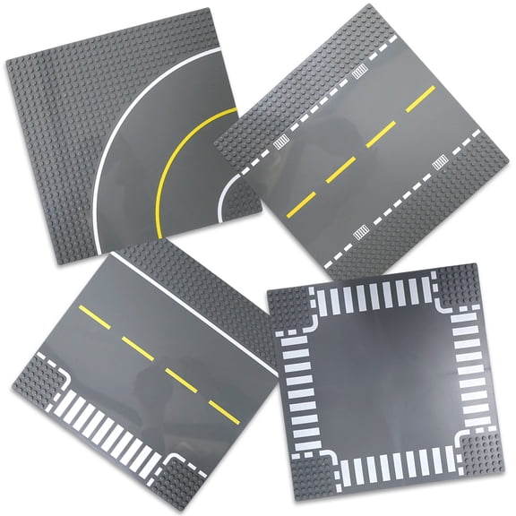 Stackable Road Base Plates - Compatible with Lego & Toy City Tracks - Curved & Intersection Road Plates - Creative Play with Plastic Baseplates - Pack of 4, Gray, 10 in x 10 in, Ages 14 