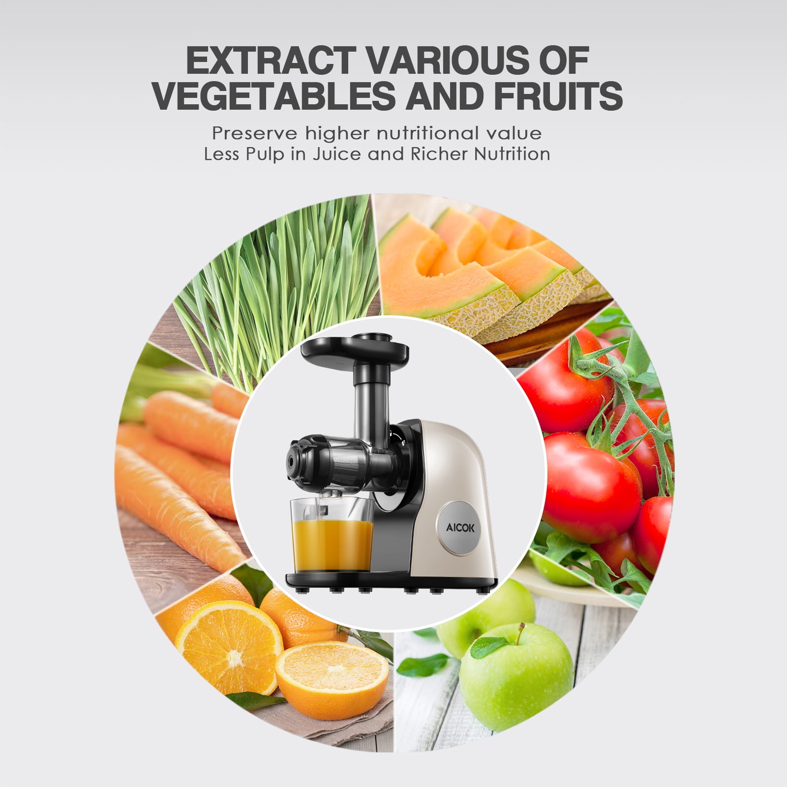 For Vegetables and Fruits Higher Juice Yield and Drier Pulp Juicer Machines Easy to Use and Clean Quiet Motor & Reverse Function BPA-Free Bagotte Slow Masticating Juicer Extractor 150-Watt 
