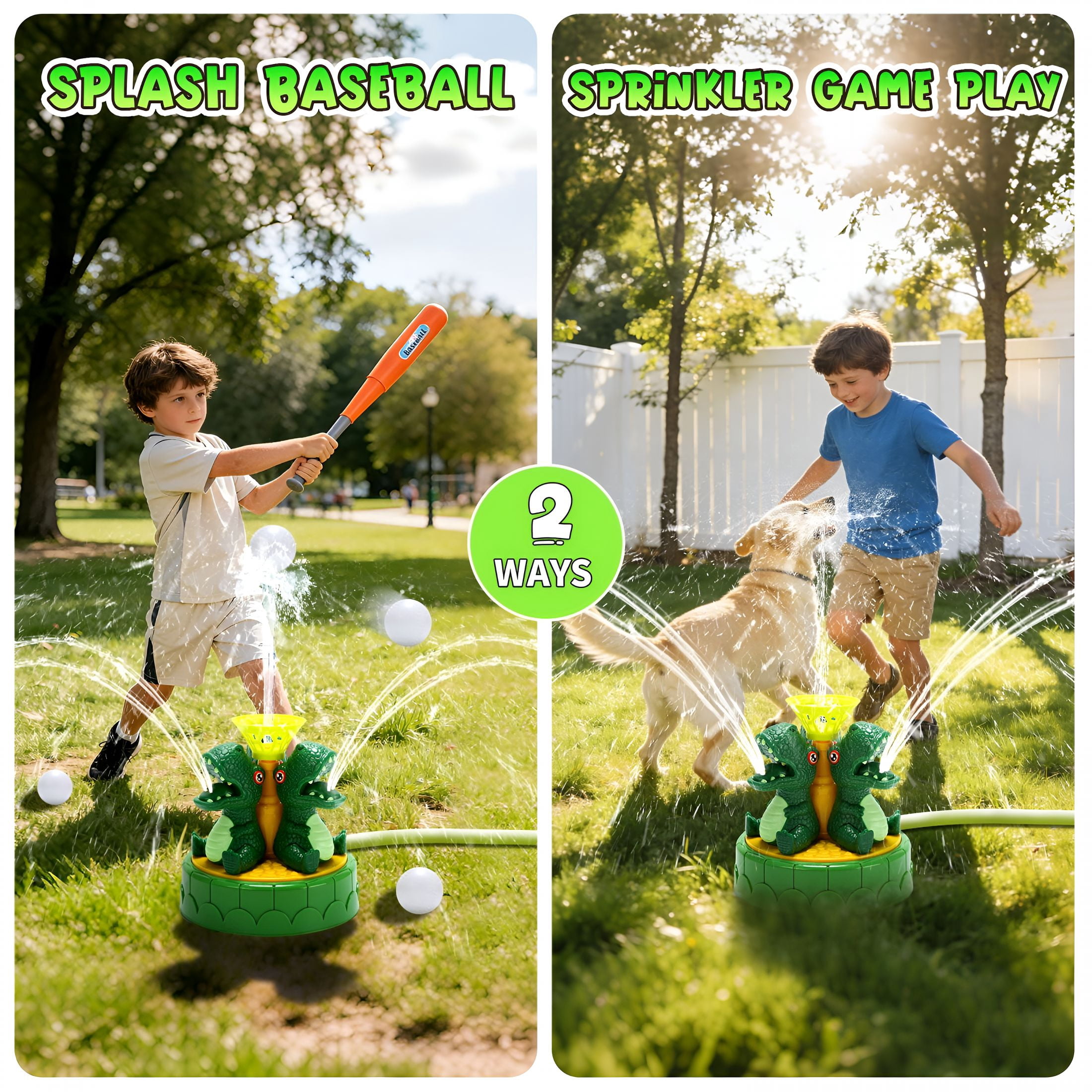 CYFW 2-In-1 Dinosaur Water Sprinkler&Baseball Toy for Kids-360 Degree Spray&Batting Game with 4 Balls,Summer Outdoor Backyard Gift for Toddlers Boys Girls