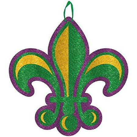 Eye-catching Mardi Gras Party Glittered Fleur de Lis Hanging Sign Decoration, Fiberboard, 11" x 11"