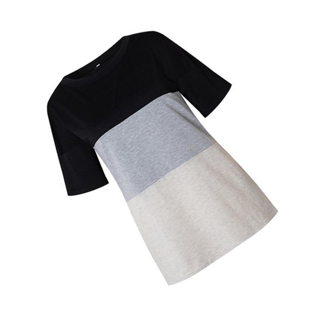 Femmes T-shirt Couleur Bloc Blouse Manches Courtes Femmes T-shirt Top Blouse à Col Rond, Noir Coloré, M