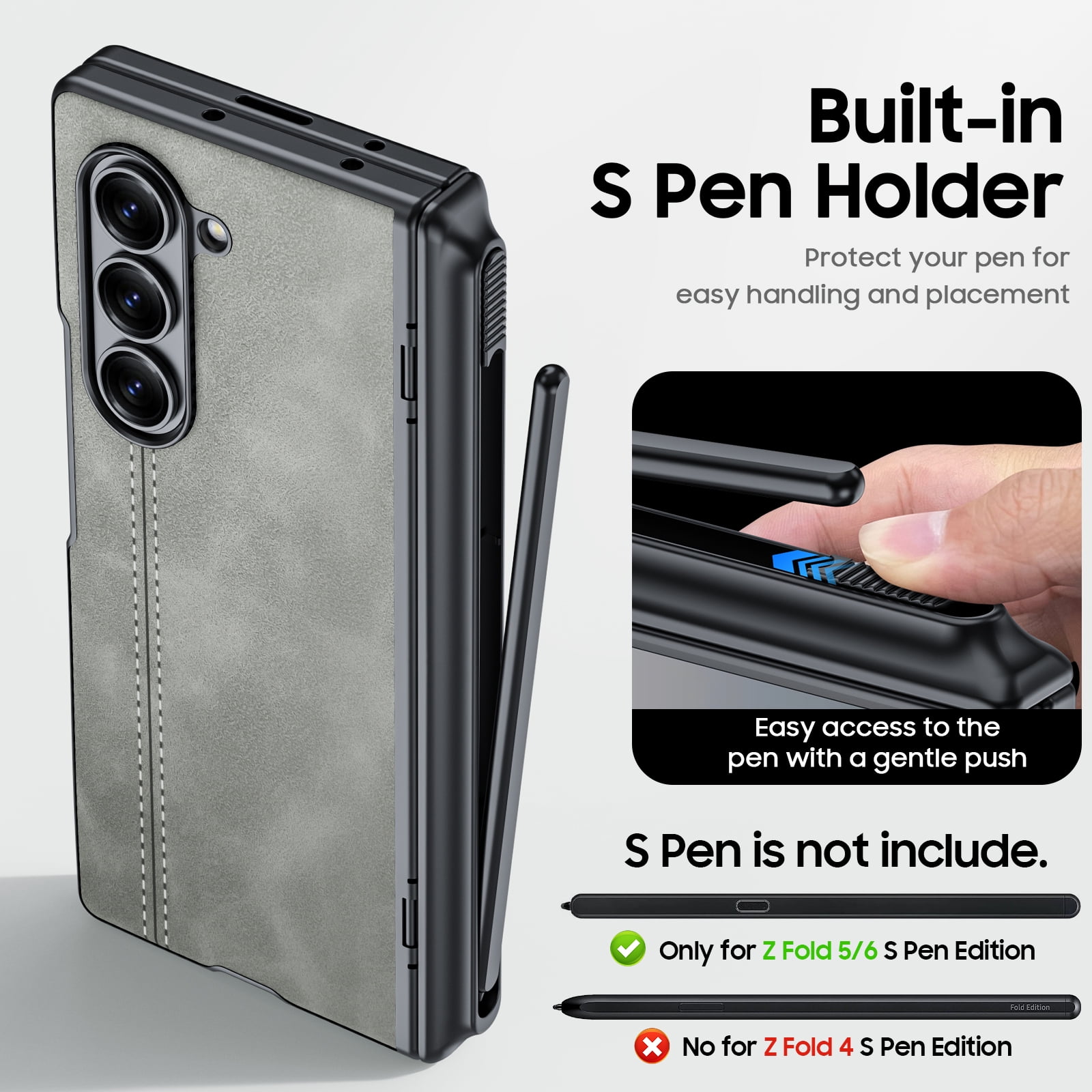 Vizvera for Samsung Galaxy Z Fold 6 Phone Case with S Pen Holder [Hinge Protection & Screen Protection] PU Leather Matte PC Shockproof Case-Gray