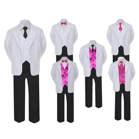 

5-7pc Formal Black White Suit Set Hot Pink Bow Long Tie Vest Boy Baby Sm-20 Teen