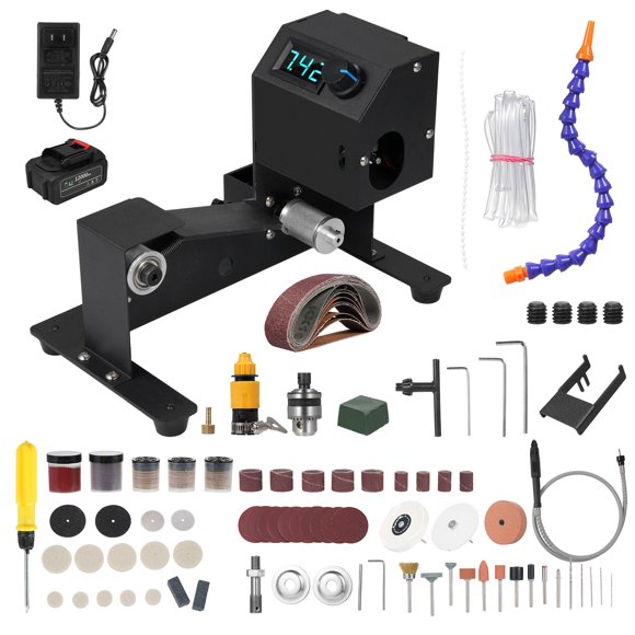 Ponceuse à Courroie Polyvalente de 350 W avec Affichage Numérique - Vitesse Réglable, Fonctionnalité Humide/sèche, Ensemble Complet avec 10 Courroies Abrasives, Accessoires et Mandrin de Perceuse - Ensemble B, Prise US, Noir