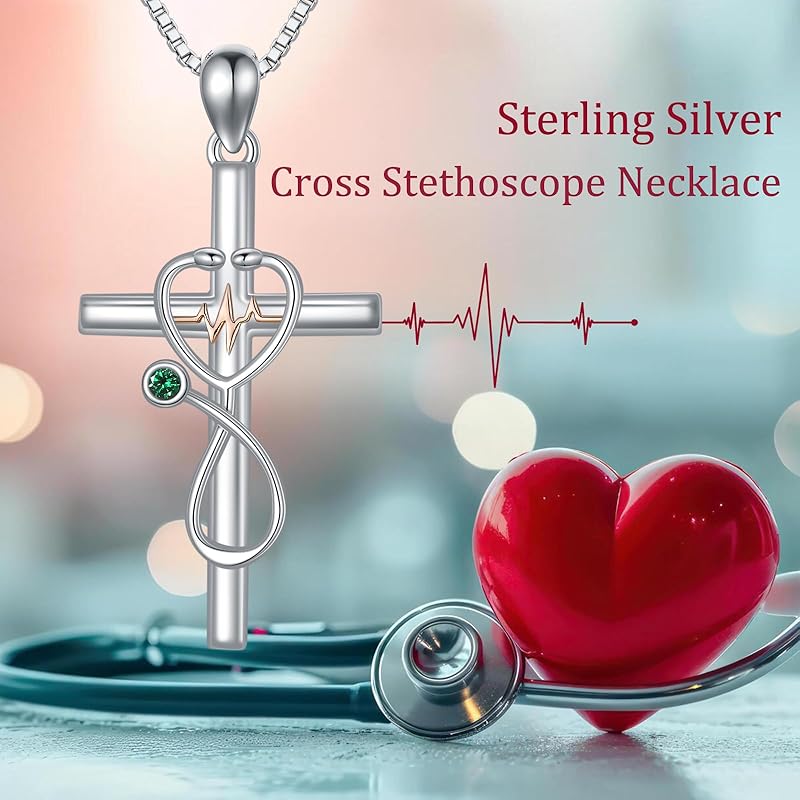 JKR Emerald Gifts for Nurse 925 Sterling Silver Stethoscope Cross Necklace for Women Nurse Birthstone Jewelry Nursing Themed Medicine Nurses Day Gifts Doctor Medical Student RN