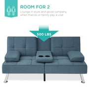 Best Choice Products Modern Linen Convertible Futon Sofa Bed w/ Removable Armrests, Metal Legs, Cupholders - Blue