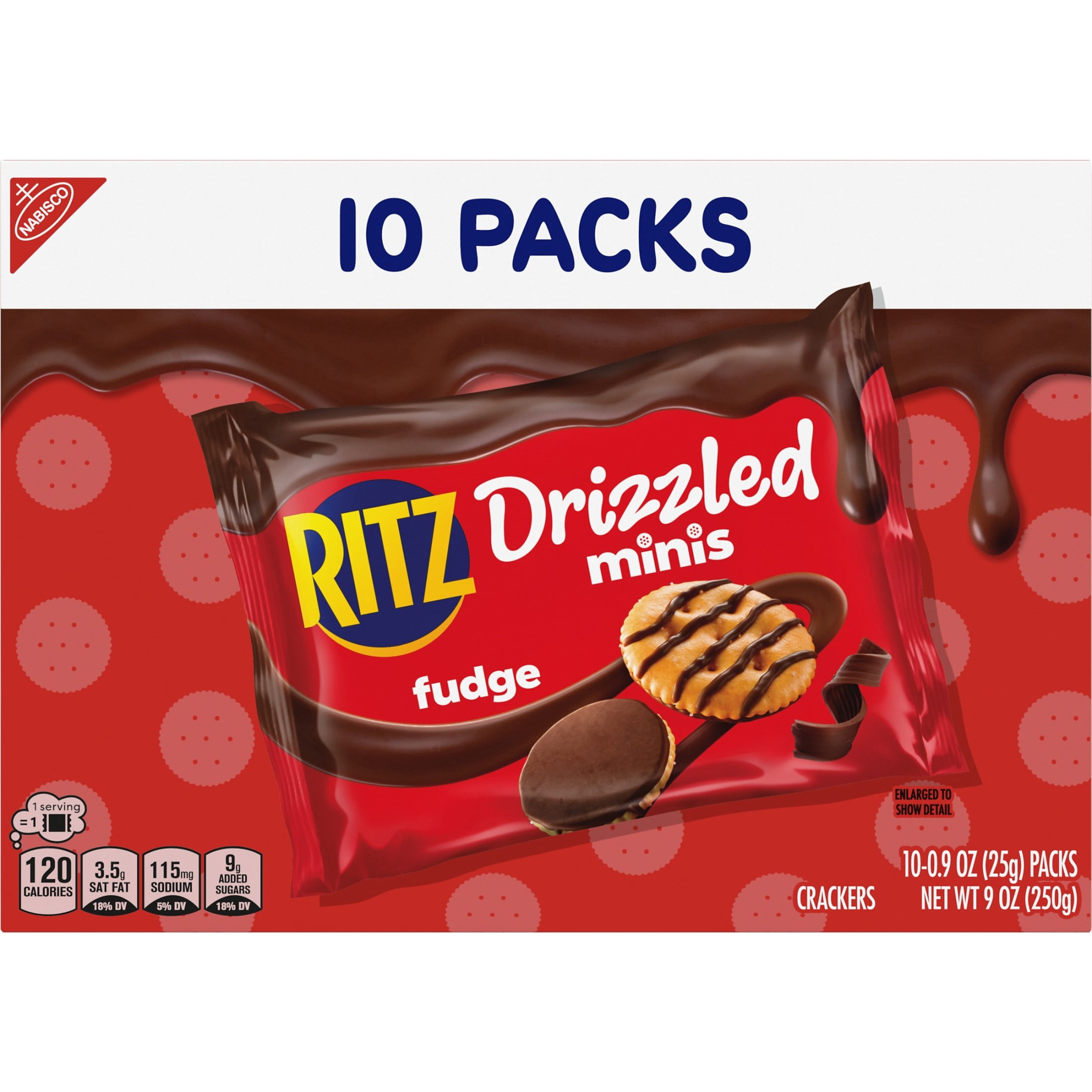 RITZ Drizzled Minis Fudge Crackers, Bulk Lunch Snacks for Kids and Adults, 10 - 0.9 oz Snack Packs