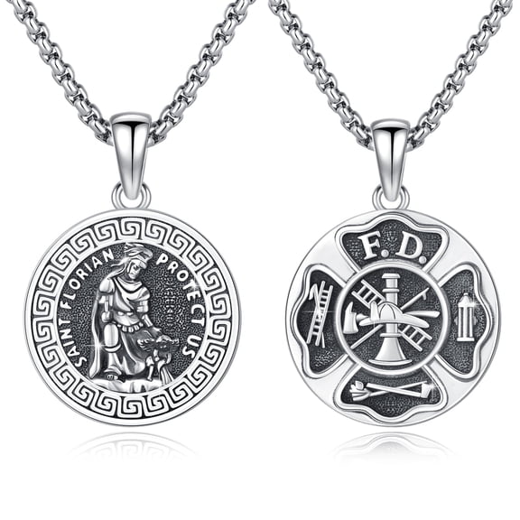 Firefighter Necklace for Men Sterling Silver Saint Florian Pendant Amulet Medal Pendant Necklaces Protection Catholic Jewelry Birthday Christmas Gifts for Women Men