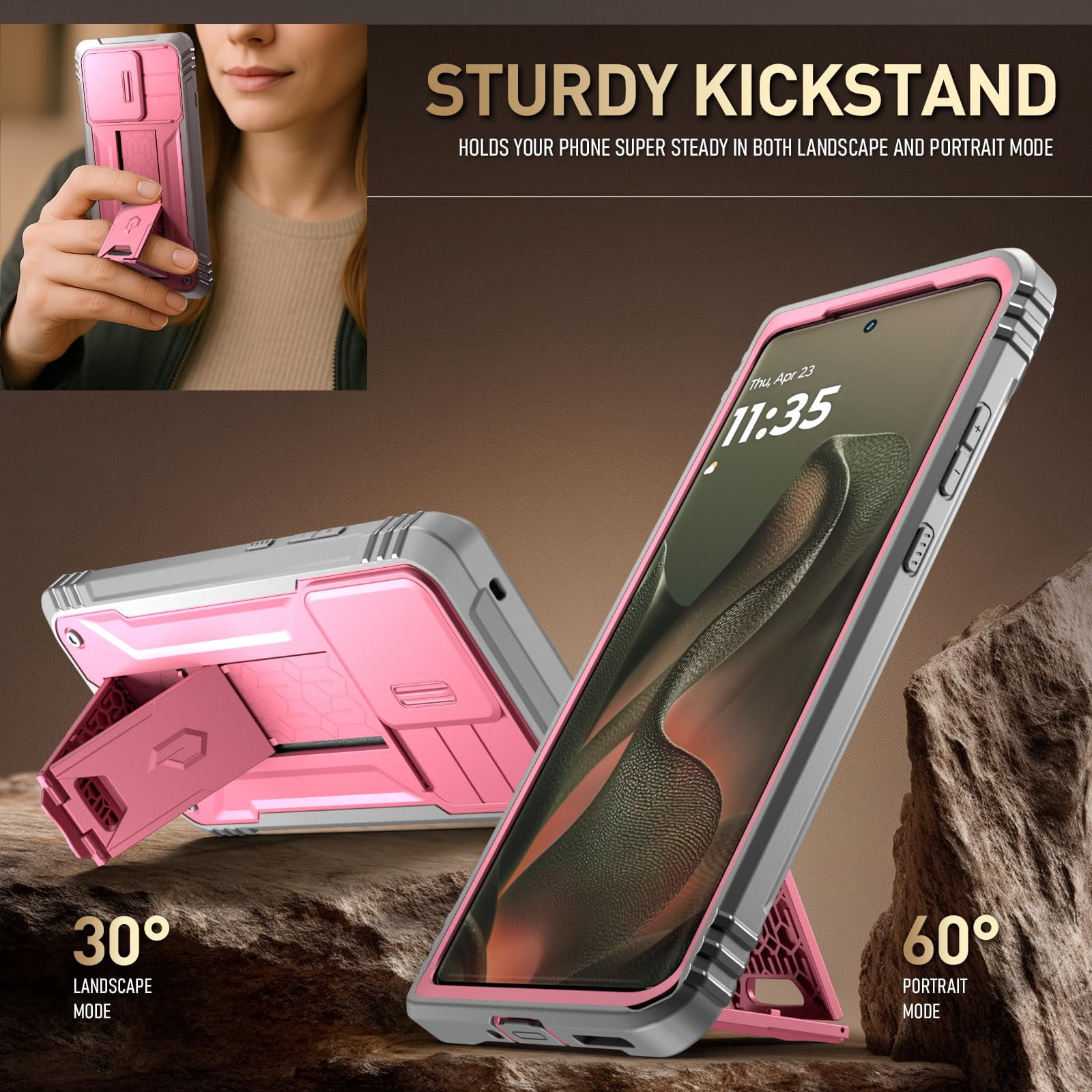 Poetic Revolution Case for Moto Edge 2025 [Not for 2024 Version], [Slide Camera Cover], Full-Body Military Grade Case with Kickstand and Built-in-Screen Protector, Pink