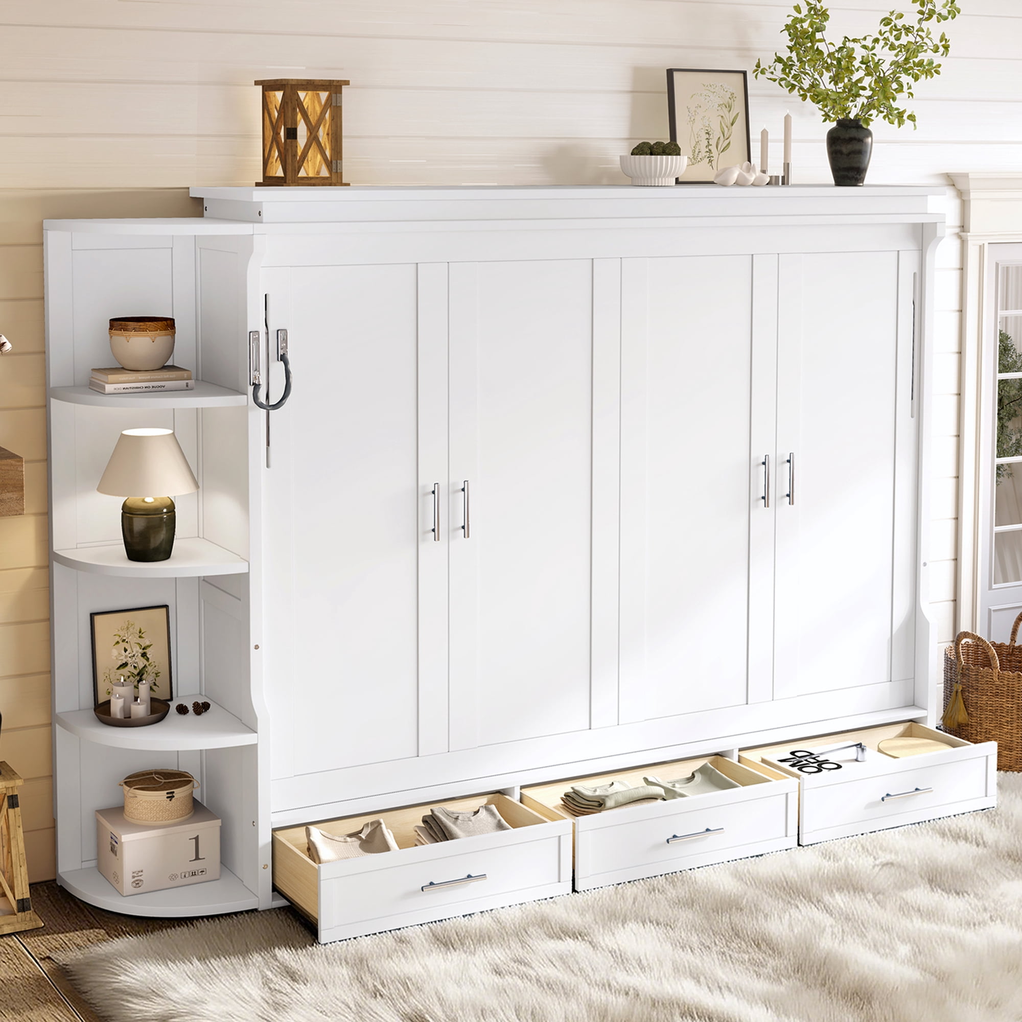 Mintazer Queen Murphy Bed with Side Cabinets & 3 Drawers, Wall Foldable Bed with Storage for Bedroom Guest Room Home Office, White
