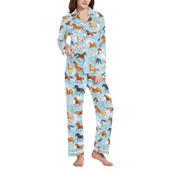 joogoo Pajamas Set for Women Running Horse Blue Long Sleeve Pjs Loungewear L