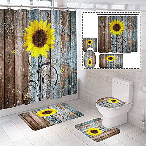 Rustic Wooden Boards Sunset Sunflowers Fabric Shower Curtain Set Bathroom Mat 