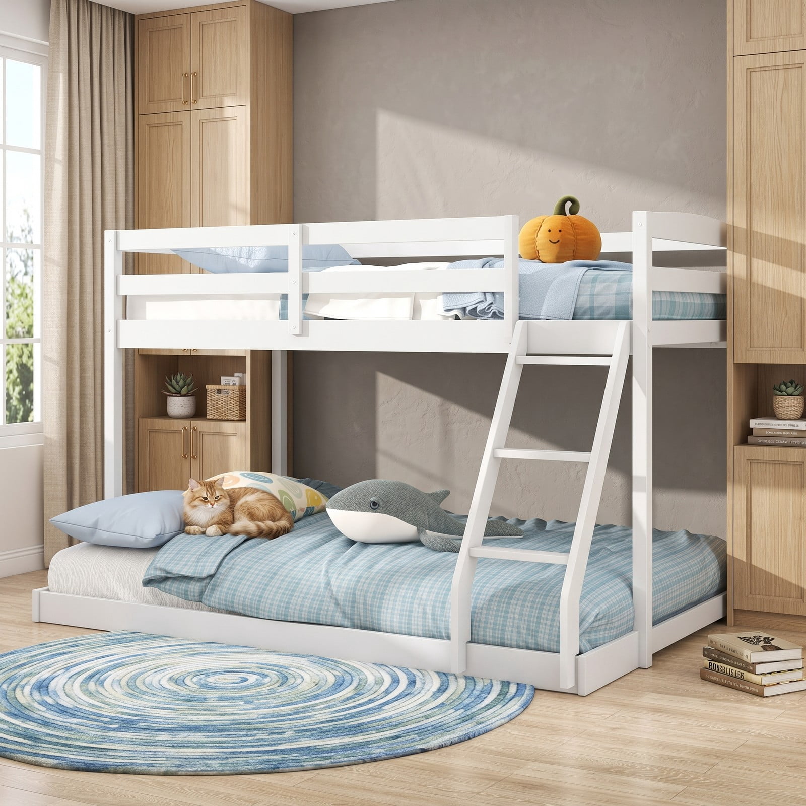 Furnibear Twin Over Full Low Floor Wood Bunk Bed with Guardrails and Integrated Ladder for Kids Teens and Guest Rooms, White
