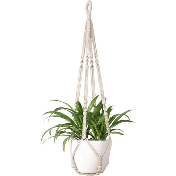 NOGIS Macrame Plant Hanger Indoor Hanging Planter Basket with Wood Beads Decorative Flower Pot Holder No Tassels for Indoor Outdoor Boho Home Decor 35 Inch, Ivory