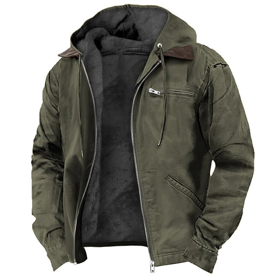 Wrtxtat Men's Winter Jacket Full Zip Drwastrings Hooded Coats with Multi Pockets Thermal Fleece Lined Trucker Jacket Big and Tall Green S