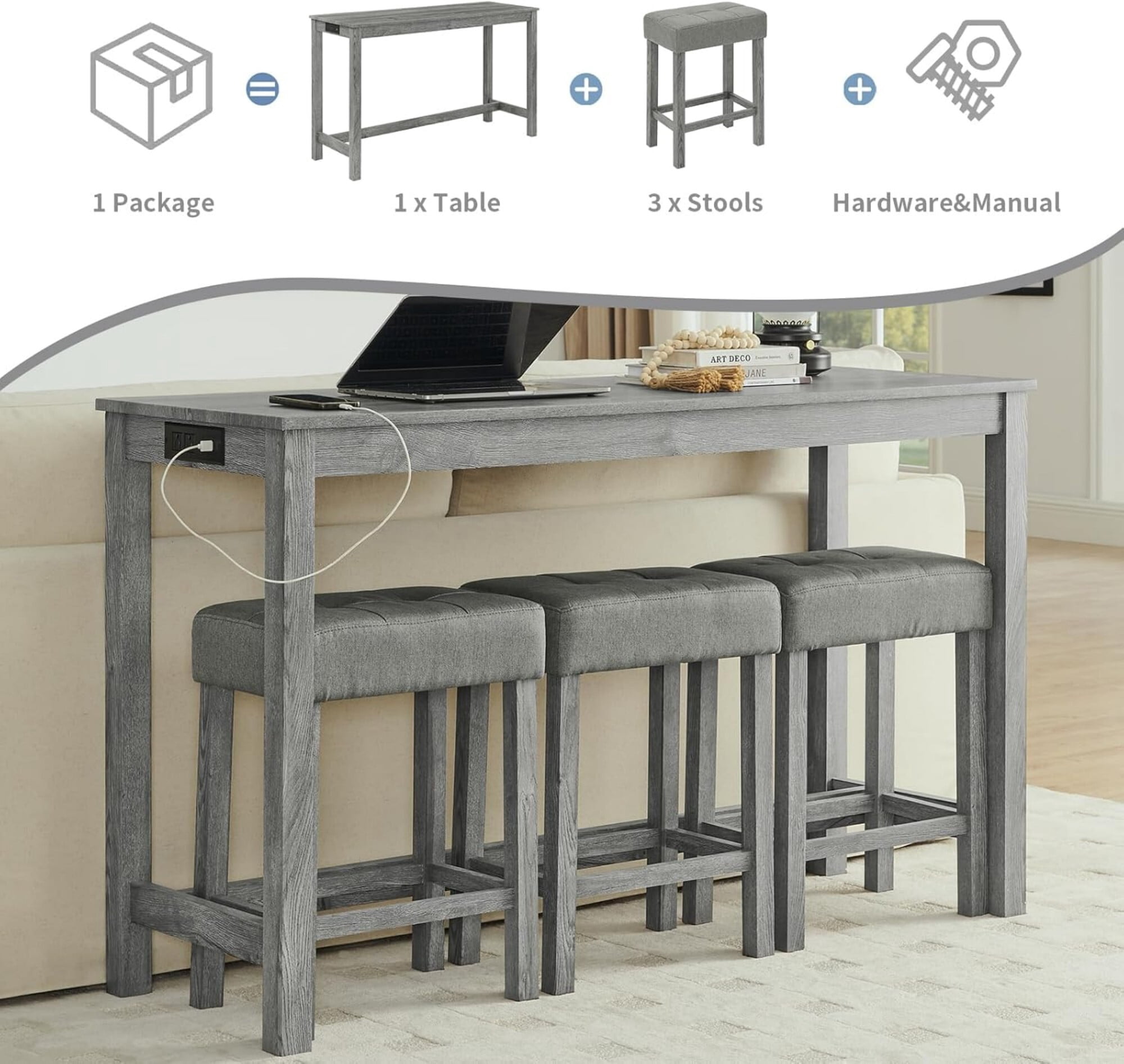 AENKYO 4-Piece Bar Table Set with Charging Station, 59" Counter Height Table and 3 Upholstered Stools for Small Space, Gray