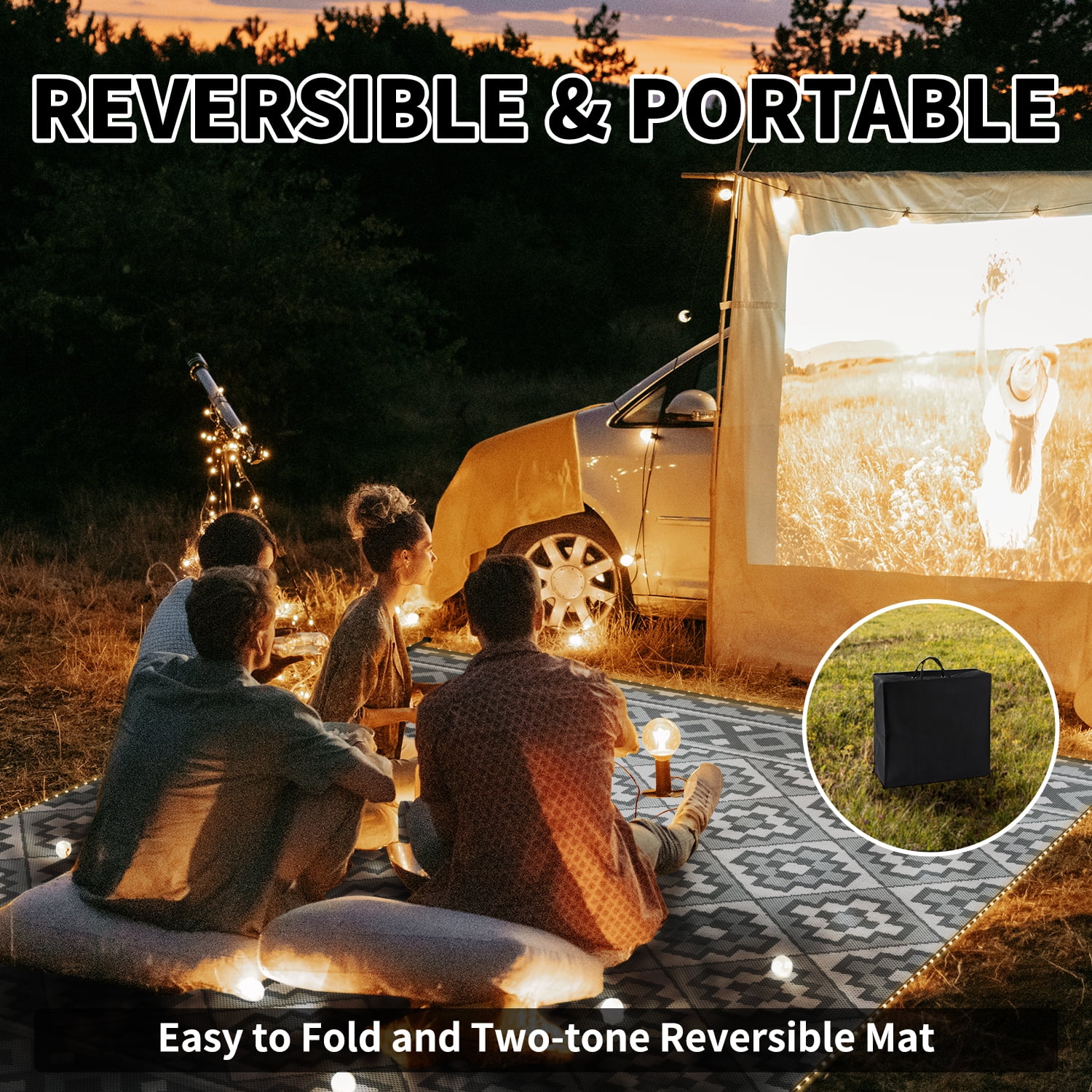 SIXHOME Outdoor Rug with LED Strip Light 9'x12' Waterproof Reversible Patio Rug Modern Lightweight Plastic Straw Indoor Outdoor Rug for RV Camping Deck Balcony Porch Boho Patio Decor Light Gray