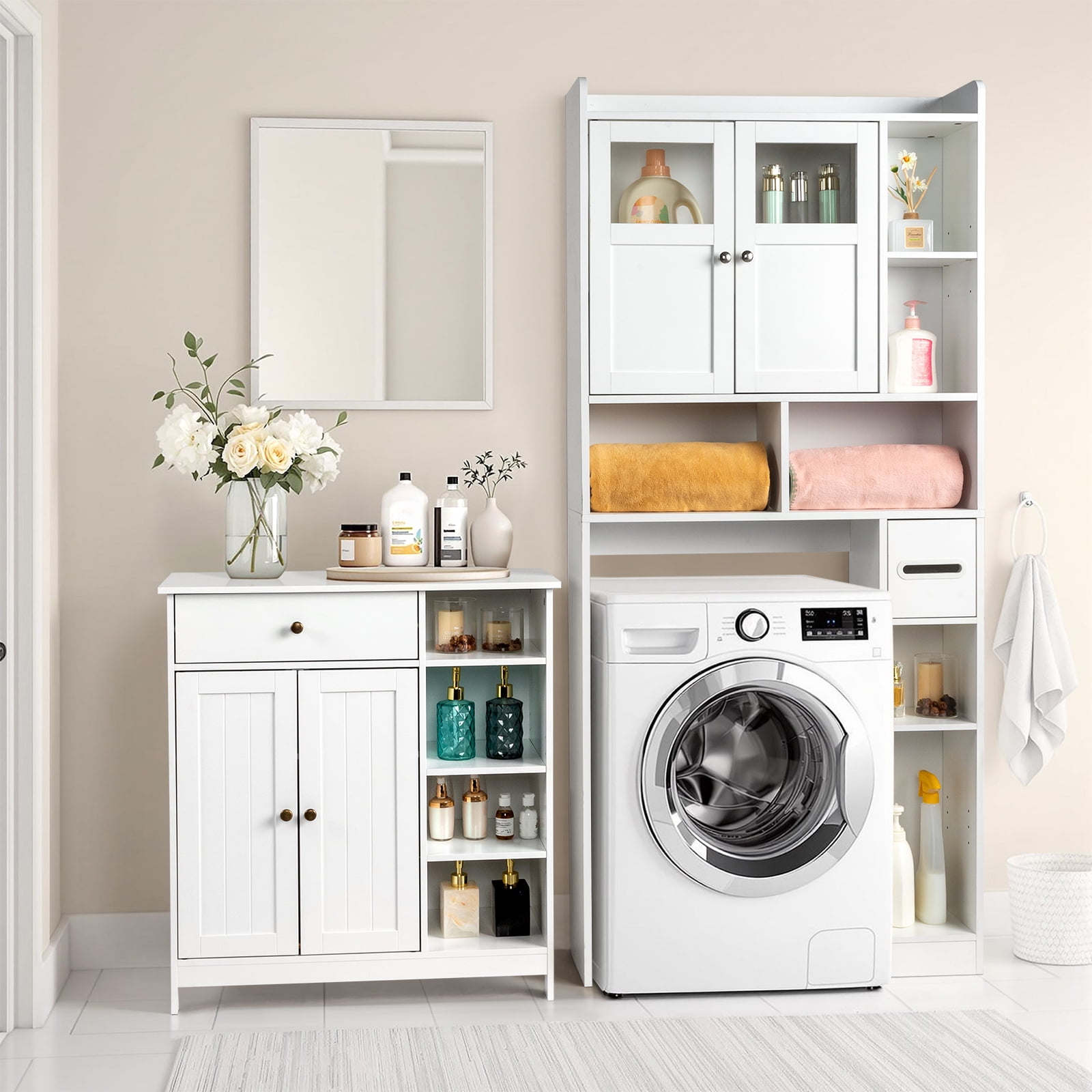 Ktaxon Bathroom Floor Cabinet, Freestanding Storage Cupboard w/ 2 Shelves& 1 Drawer & Three-layer Side Rack, MDF White