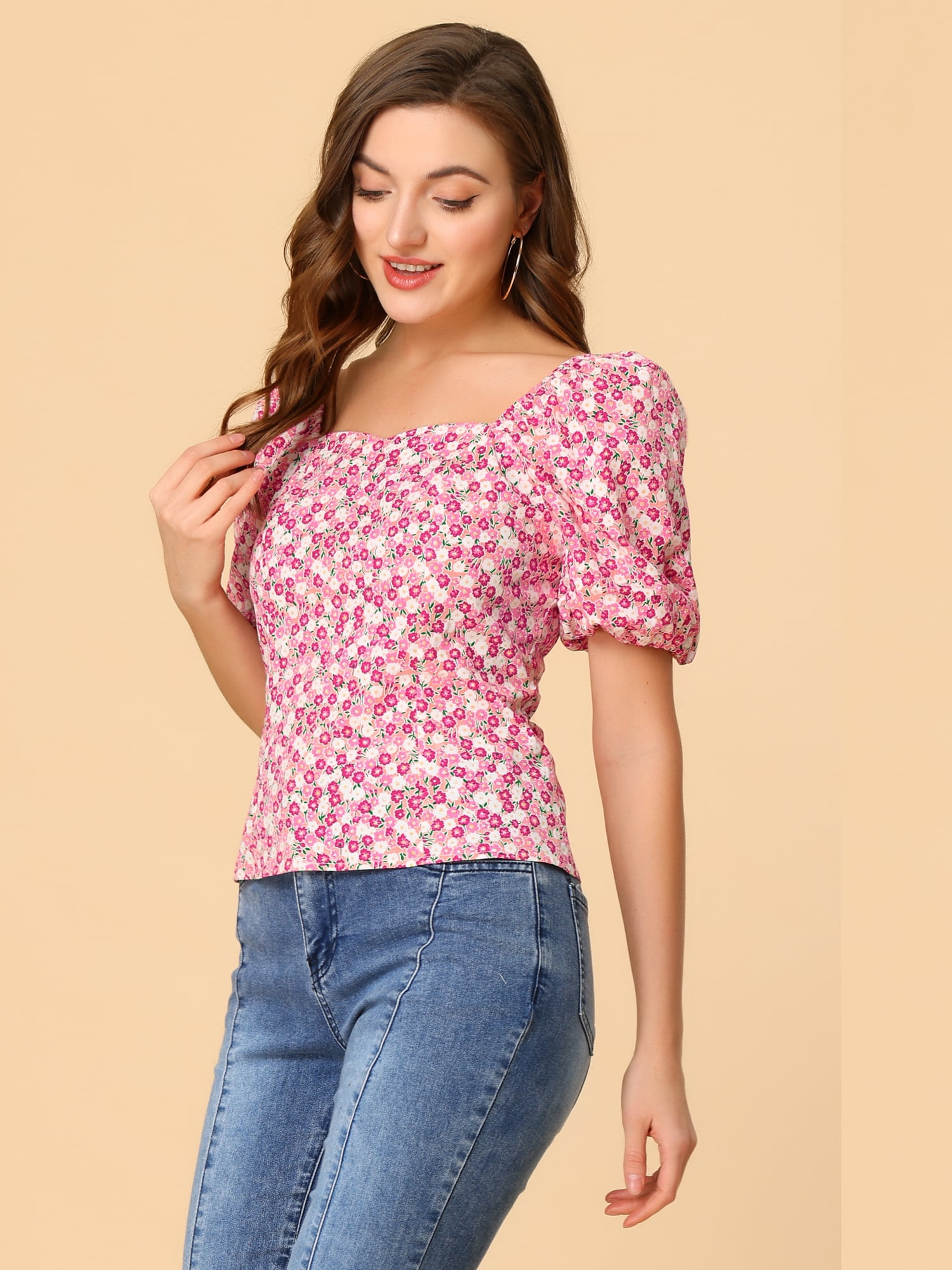 DARING DIVA Puff Sleeve Sweetheart Neck Smocked Floral Top S Pink
