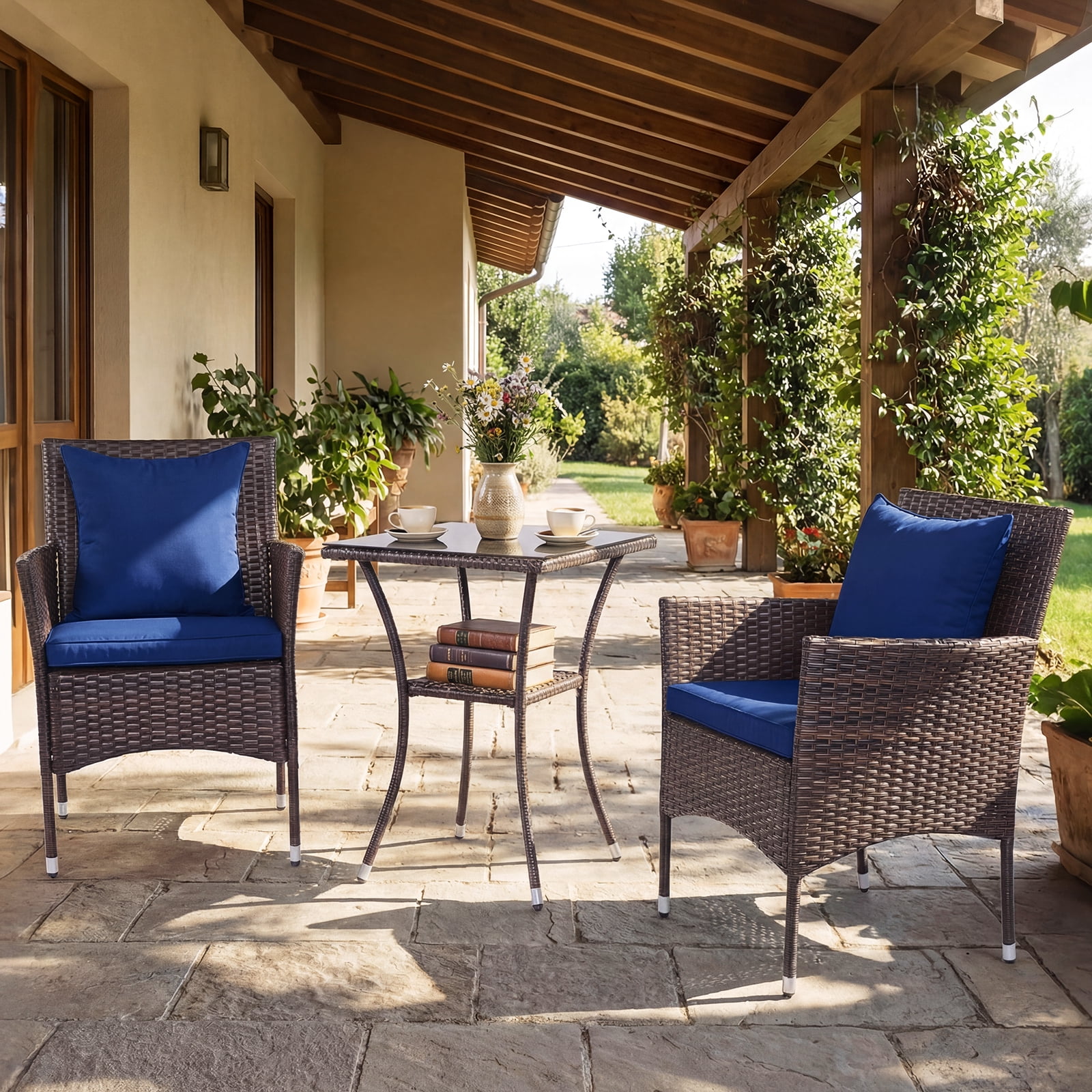Costway 3PCS Patio Wicker Bistro Set, 2 Rattan Chairs with Double-Tier Tempered Glass Table Mix Brown+Blue