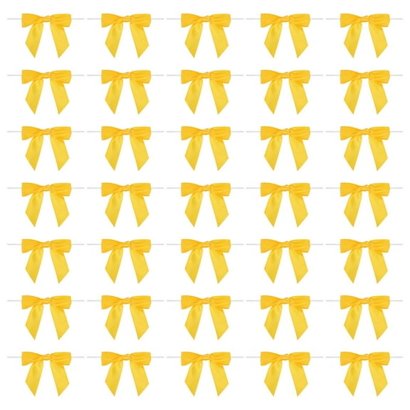 50Pcs Twist Tie Bow 3.5"  Pre-Tie Gift Bows Mini Fabric Satin Ribbon for Treat Bags Craft DIY Flower Sewing Wedding Birthday Party (Yellow)